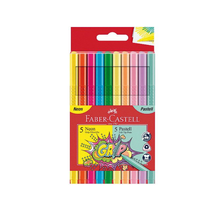 Faber-Castell Filzstifte Grip Neon + Pastell, 10er Etui