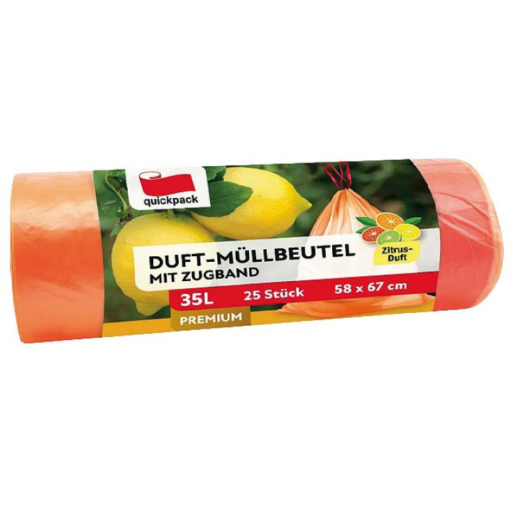 Zugband-Müllbeutel 35 L, 25 Stk, Zitrus orange, interleave 58x67 cm