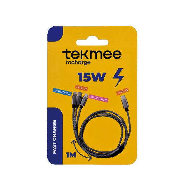 Tekmee Ladekabel 3in1 Micro-IOS-Typ-C 15W - Schwarz - 1m