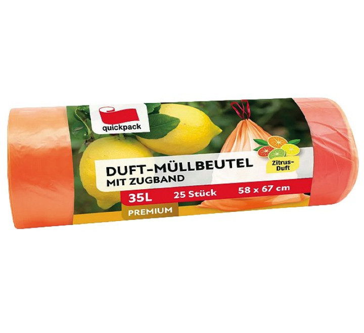 Zugband-Müllbeutel 35 L, 25 Stk, Zitrus orange, interleave 58x67 cm