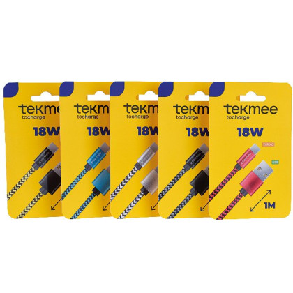 Tekmee Ladekabel USBA to Typ-C 18W -  Farbig Sortiert - 1m
